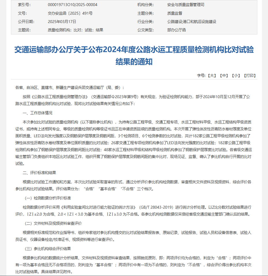 振通檢測順利通過(guò)交通運輸部公路2024年度公路水運工程質(zhì)量檢測機構比對試驗